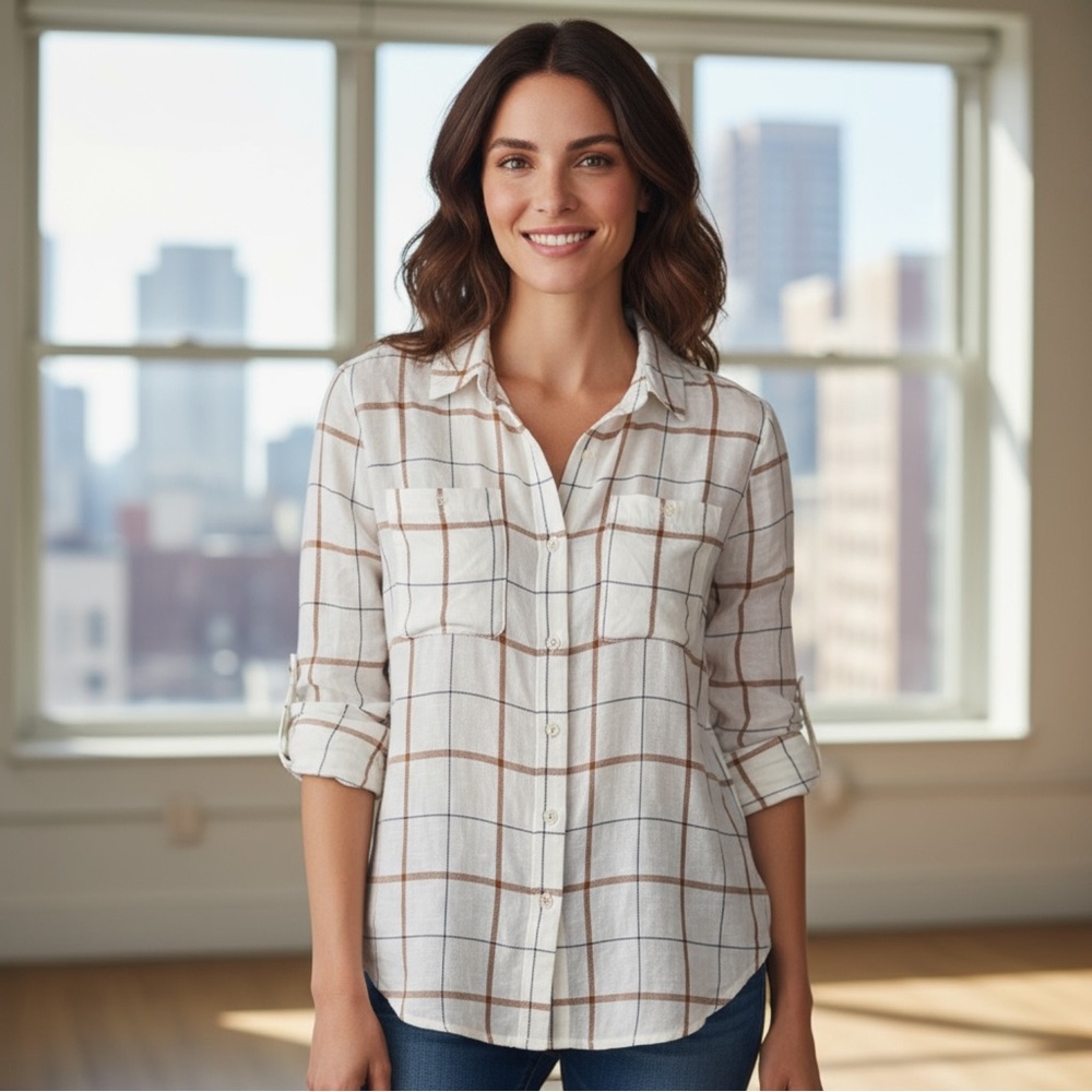 NWOT Sanctuary Women’s‎ Plaid Tomboy Shirt Ivory Soft Casual Spring